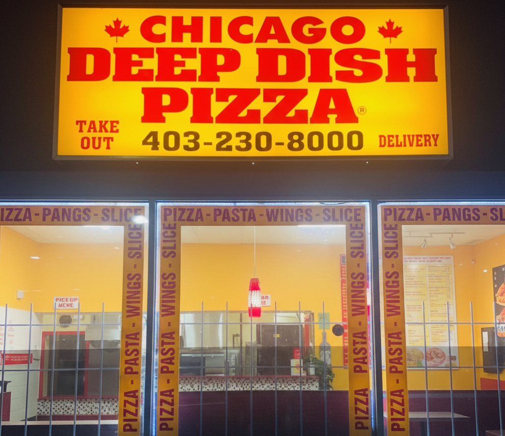 Chicago Deep Dish Pizza Calgary restaurant interior on 32 Street NE